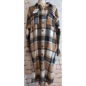 OMOONE Shacket Large Boyfriend Flannel Brown Black Long Jacket Dress Plaid NWT